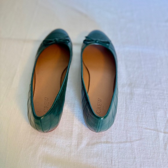 J.Crew Emerald Green Leather Ballet Flats Women's Shoes Bow Detail - Picture 3 of 4